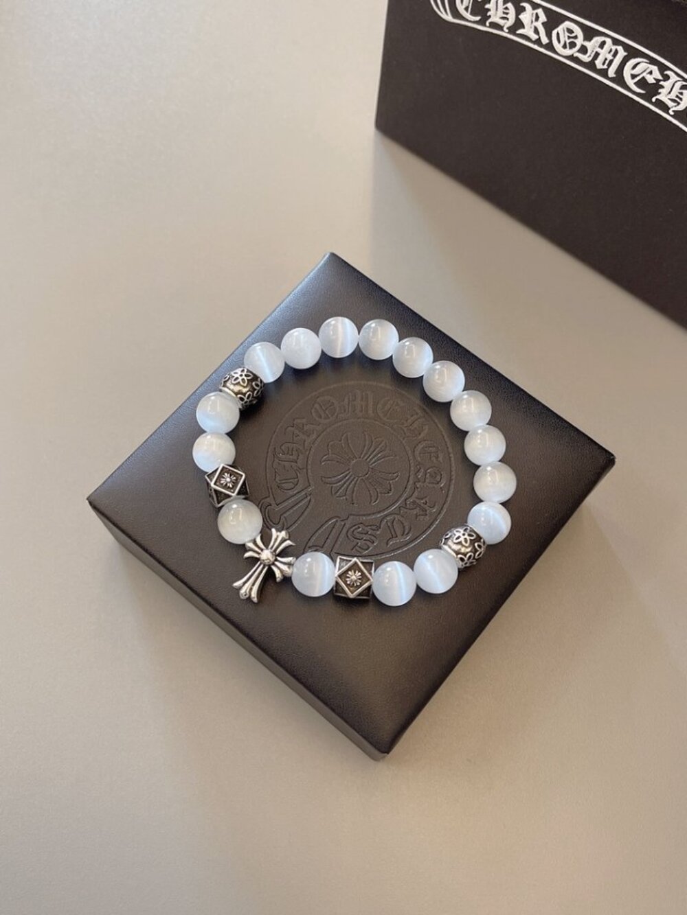 Chrome Hearts Cat Eye Bead Cross Charm Bracelet